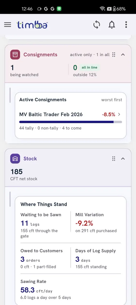 Phone dashboard: active consignments and where things stand
